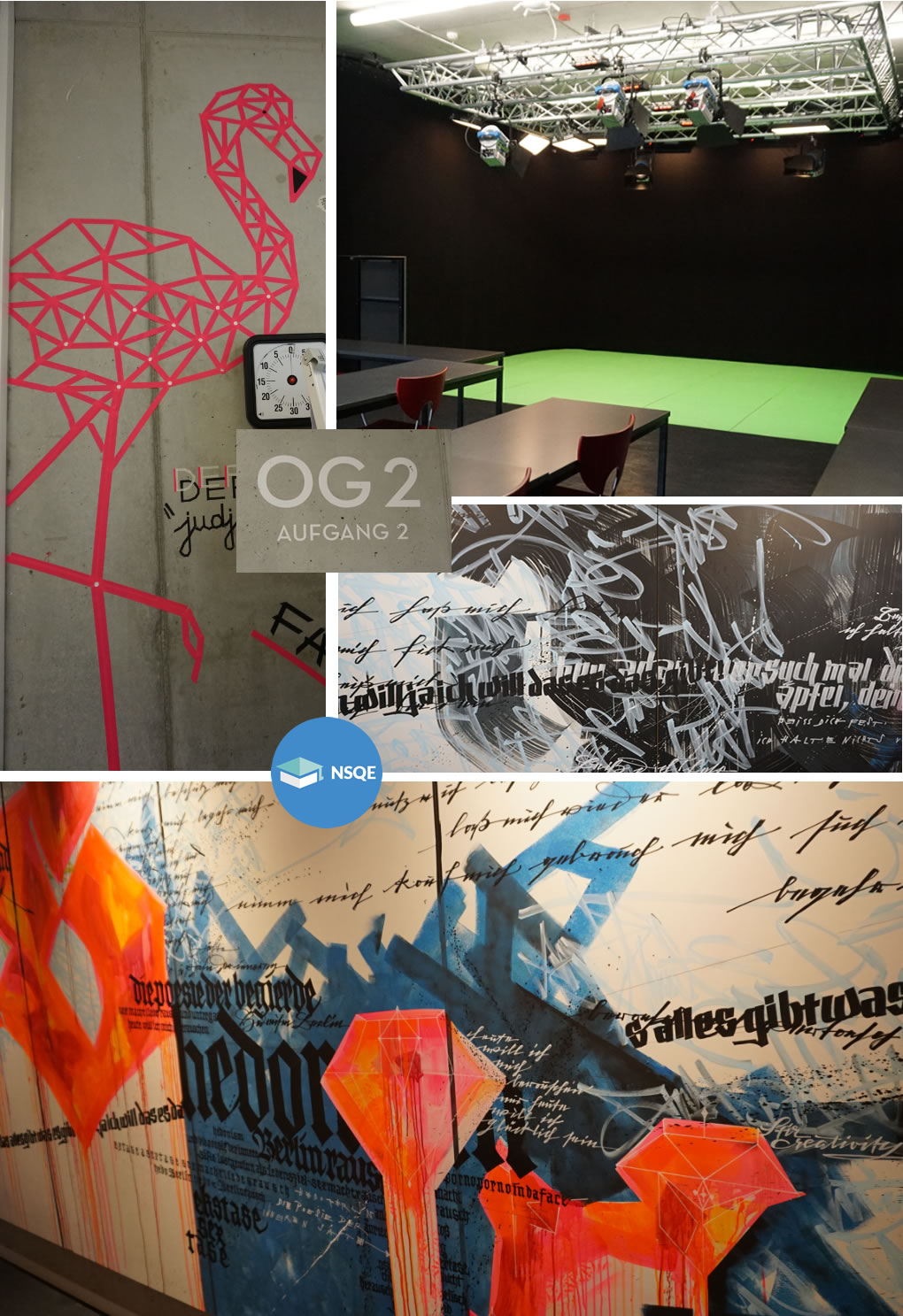Collage de fotos del Aula Flamingo - aula de filmación con Green Screen - Murales que visten las paredes del design akademie berlin - Fotografías de la #rutansqe 5 Noviembre de 2019.